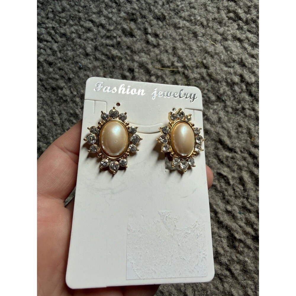 Monet Clip Ons, Faux Pearl & Crystal Rhinestone Earrings, Signed Jewelry